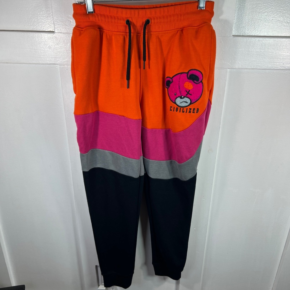 Civilized Mens Colorblock Teddy Bear Graphic Jogger Sweatpants Orange Pink M